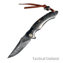 VG10 Damascus folding knife with lanyard on a white background