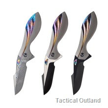 Three VG10 Damascus folding knives shown on a white background