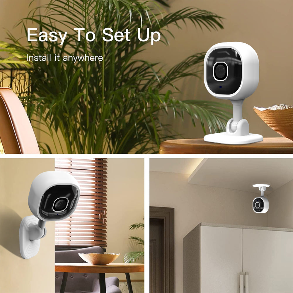 Collage showing the camera installed on a table, mounted on a wall, and fixed to a ceiling.