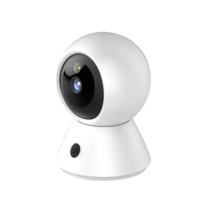Left-facing isometric view of the indoor Wi-Fi camera, emphasizing the smooth finish and professional build quality.