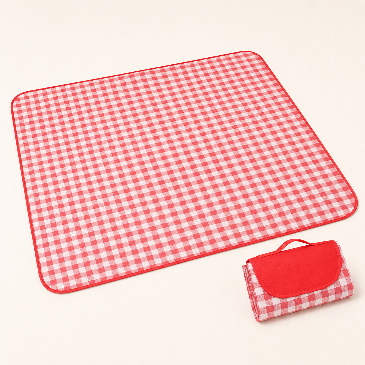 Red and white gingham foldable picnic mat shown open and packed for travel