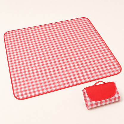 Red and white gingham foldable picnic mat shown open and packed for travel