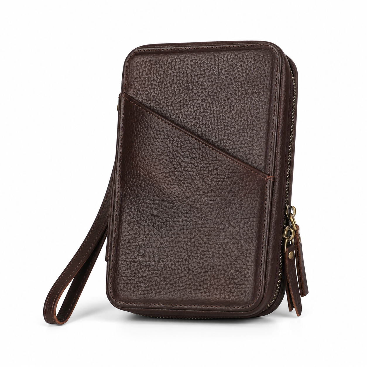 Brown full-grain leather tech organizer on a white background