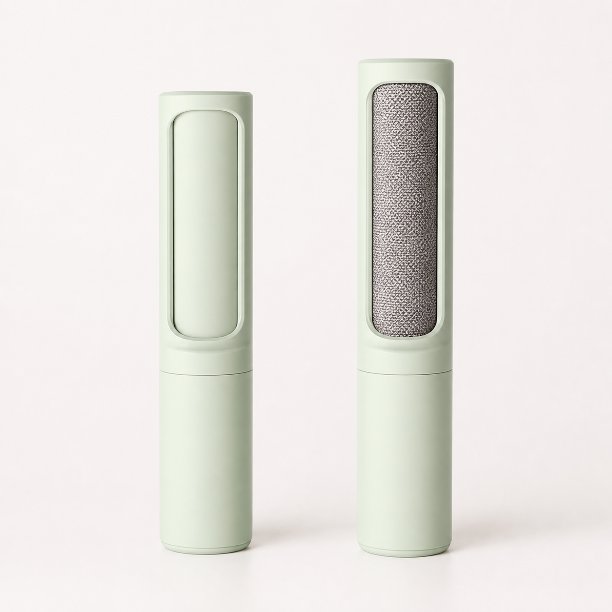 Sage green retractable pet hair remover brush shown closed and in brush mode