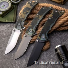 VG10 Damascus folding knives with camouflage handles on outdoor gear