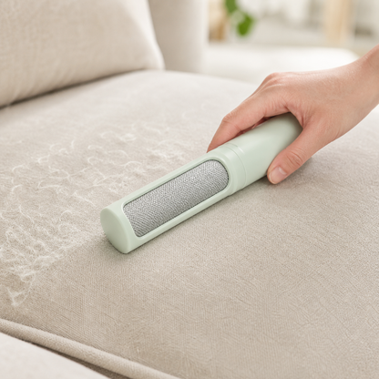 Sage green pet hair remover brush lifting fur from an oatmeal fabric sofa