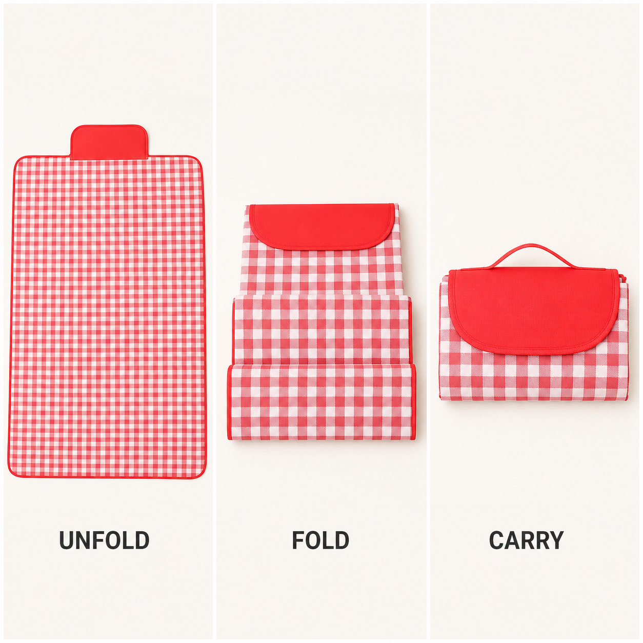 Foldable picnic mat shown in unfold, fold and carry steps