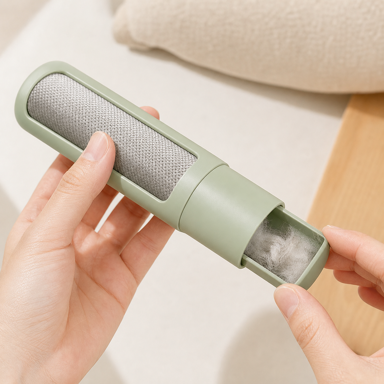 Bottom cleanout compartment of a sage green reusable pet hair remover brush