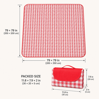 Dimensions of 200 by 200 cm foldable picnic mat and packed carry size