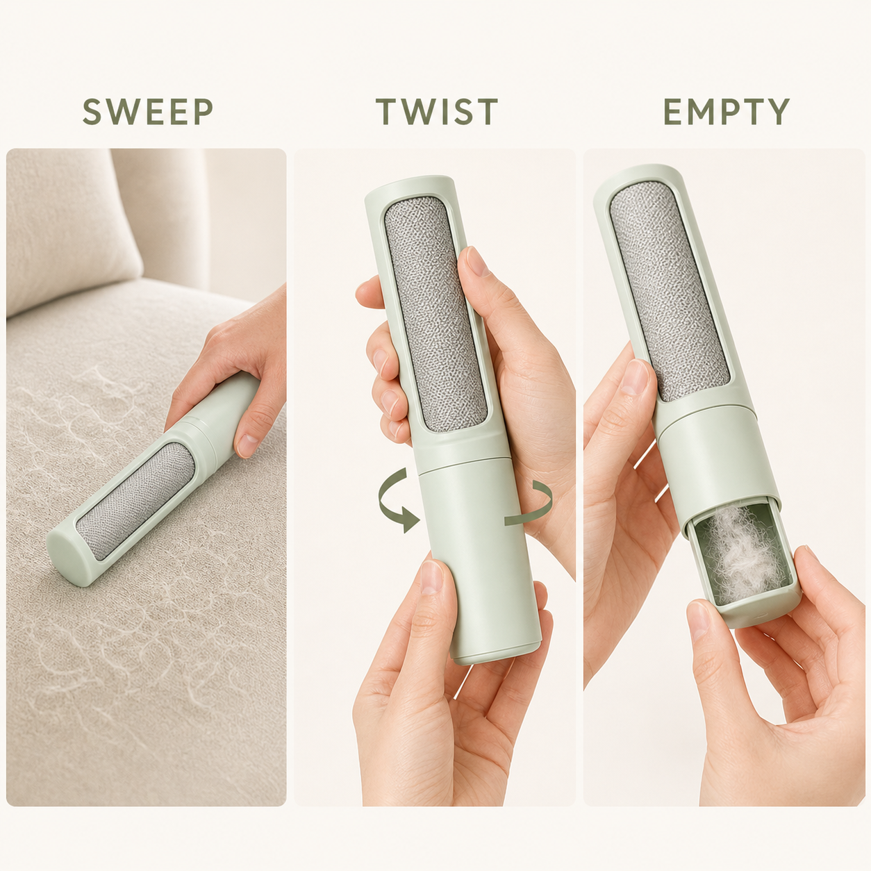 Three-step guide to sweep pet hair, twist the brush and empty the cleanout compartment