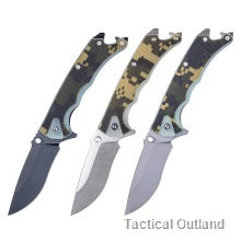 Three VG10 Damascus folding knives shown on a white background