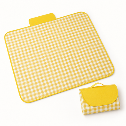Yellow gingham foldable picnic mat shown open and packed for travel