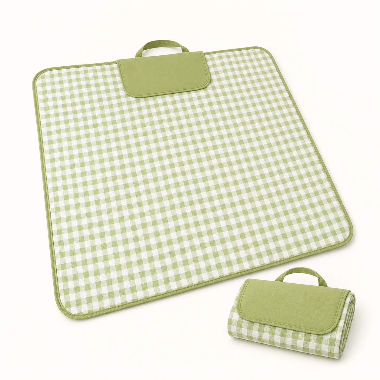 Army green gingham foldable picnic mat shown open and packed for travel