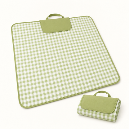 Army green gingham foldable picnic mat shown open and packed for travel