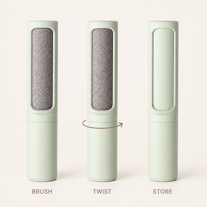 Retractable pet hair remover brush shown brushing fabric, twisting closed and stored upright