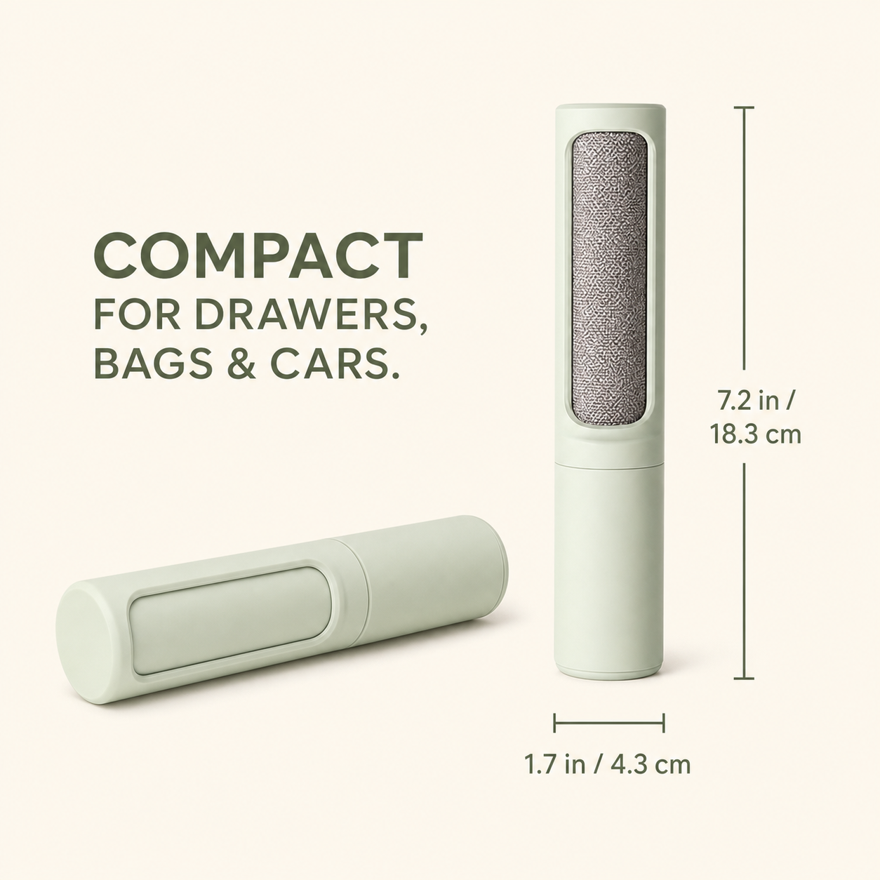 Dimensions of compact retractable pet hair remover brush for travel and home storage