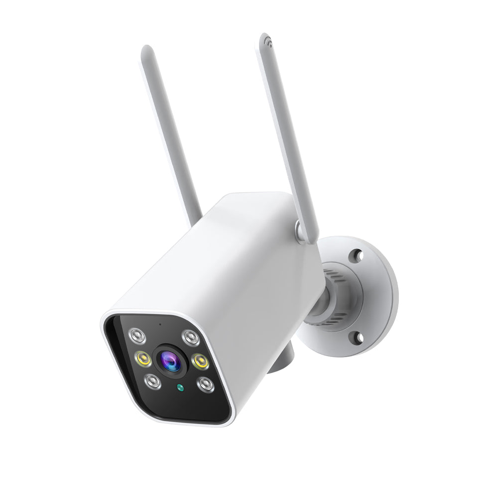 High-angle view of the Tactical Outland outdoor camera showing the reinforced swivel base and lens orientation for wide-area home surveillance.