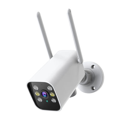 High-angle view of the Tactical Outland outdoor camera showing the reinforced swivel base and lens orientation for wide-area home surveillance.