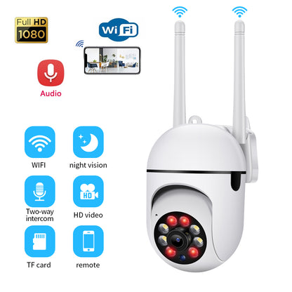 1080p HD outdoor WiFi security camera showing key features including two-way intercom, TF card support, and remote mobile viewing.
