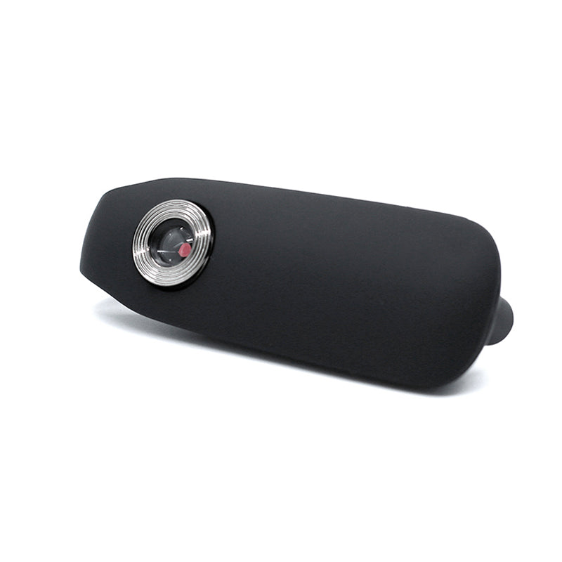 Close-up detail of the 1080p HD camera lens on a matte black wearable security device.