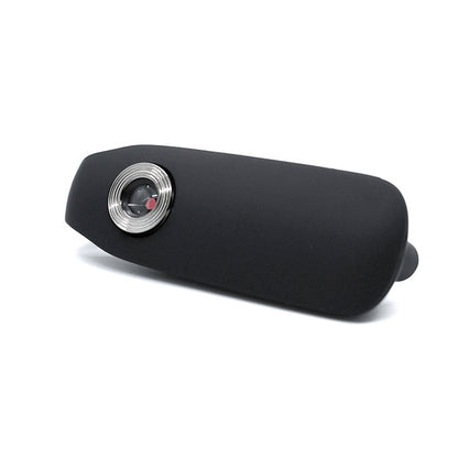 Close-up detail of the 1080p HD camera lens on a matte black wearable security device.