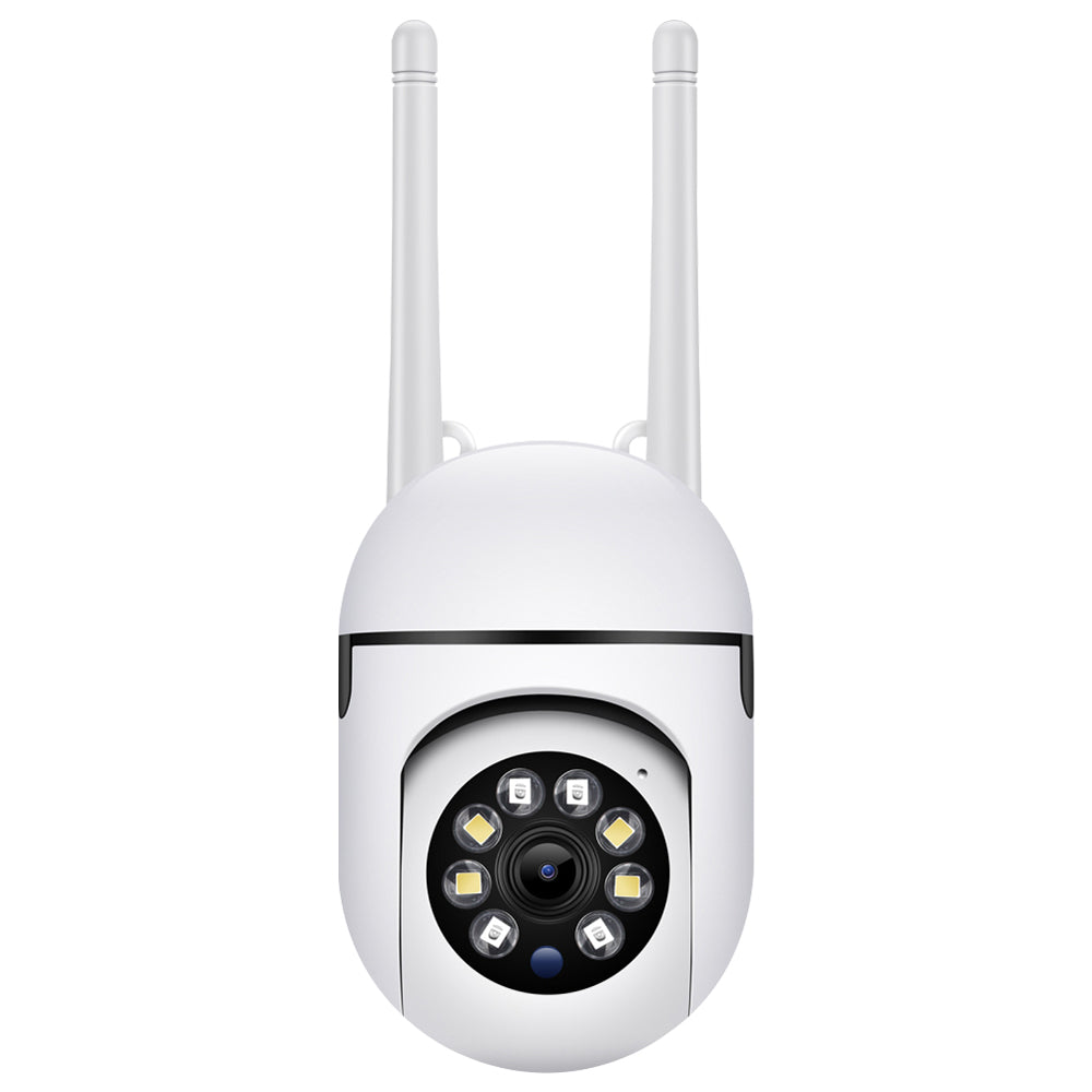 Front view of a white 1080p HD outdoor WiFi security camera, highlighting the main lens, surrounding LED lights, and dual antennas against a white background.