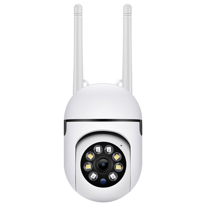 Front view of a white 1080p HD outdoor WiFi security camera, highlighting the main lens, surrounding LED lights, and dual antennas against a white background.