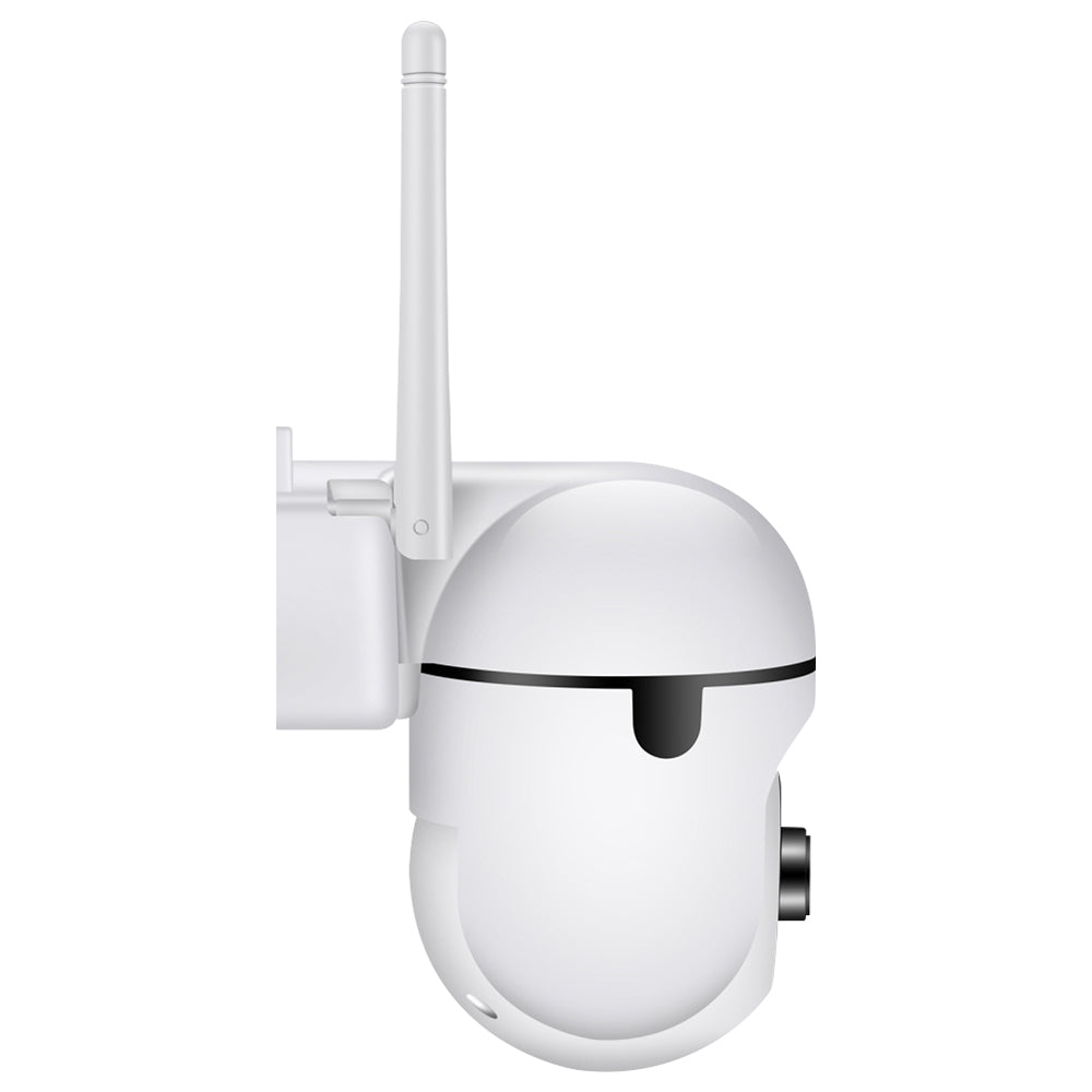 Side profile of a white 1080p HD outdoor WiFi security camera with its dual antennas and mounting bracket, shown against a solid white background.