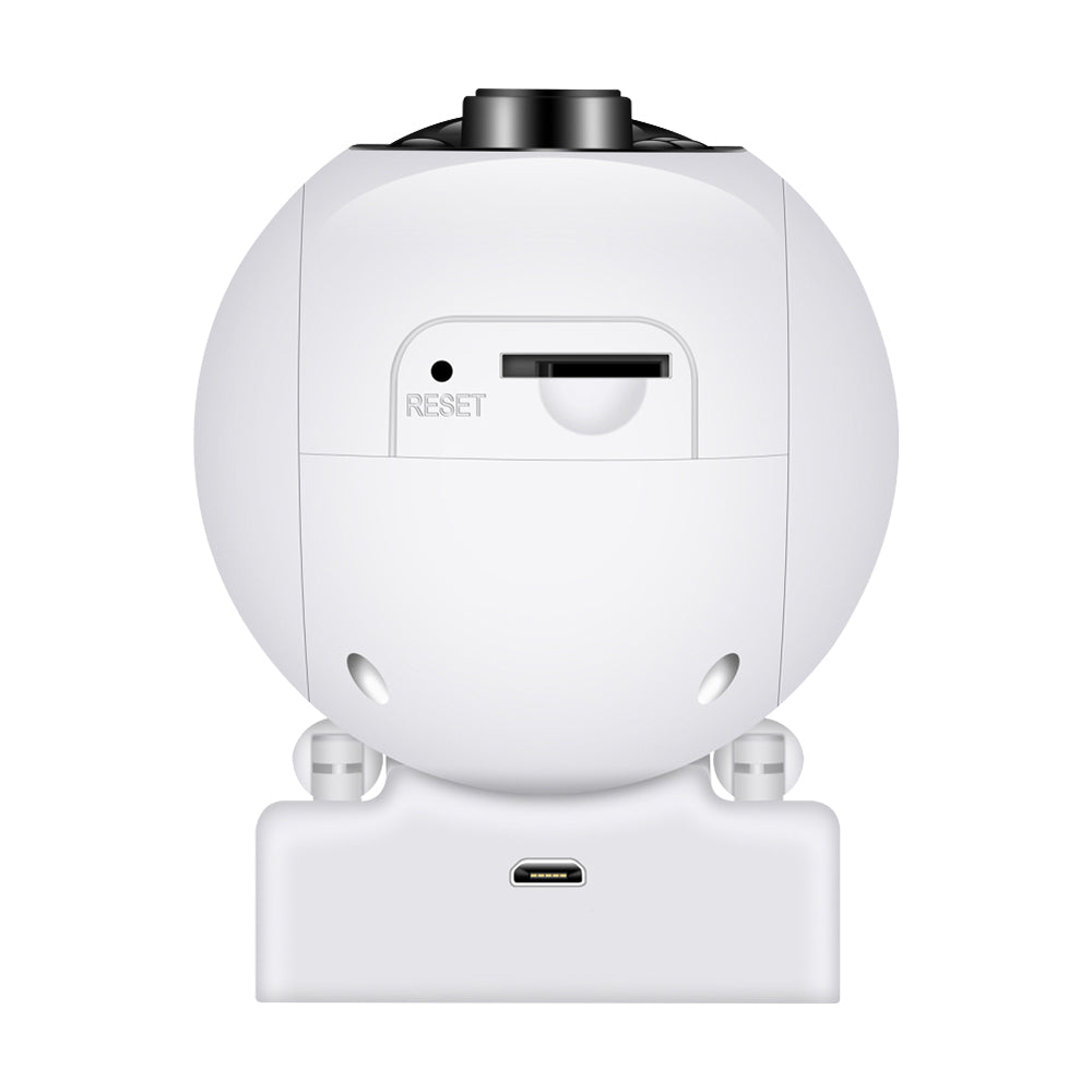 An underneath view of a white 1080p outdoor WiFi security camera, clearly showing the reset button, TF card slot, and power port.