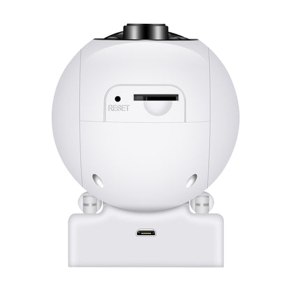 An underneath view of a white 1080p outdoor WiFi security camera, clearly showing the reset button, TF card slot, and power port.