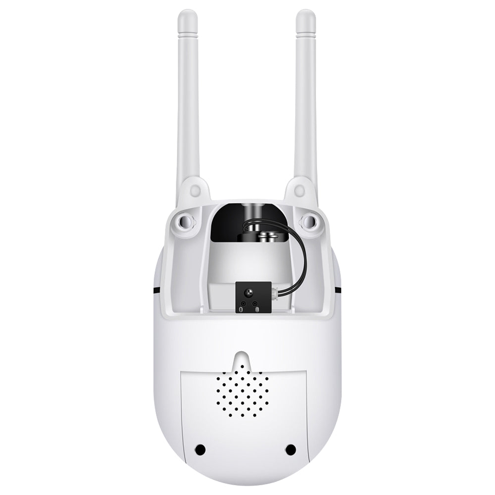A white 1080p HD outdoor WiFi security camera with its back cover removed, revealing the exposed battery, electrical wiring, and the underside of the dual antennas.