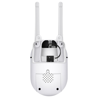 A white 1080p HD outdoor WiFi security camera with its back cover removed, revealing the exposed battery, electrical wiring, and the underside of the dual antennas.