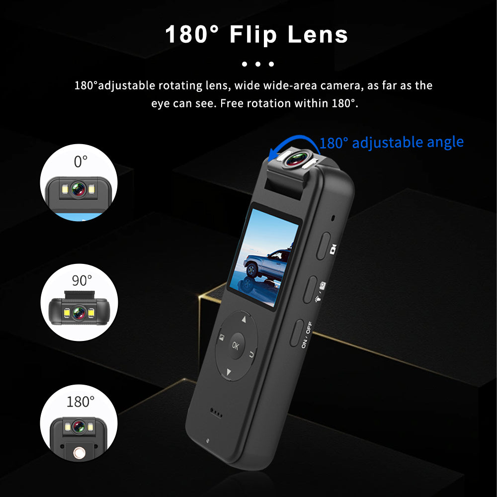 Ultra-versatile 180-degree flip lens on a 4K body camera allowing for adjustable recording angles from front-facing to selfie mode.