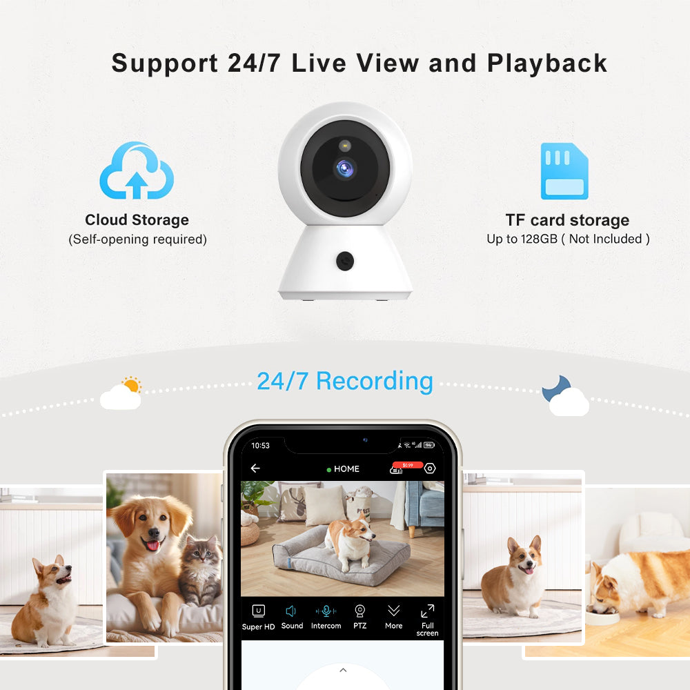 Using the smart camera as a pet monitor to watch dogs remotely with 24/7 live view and playback features on a smartphone.