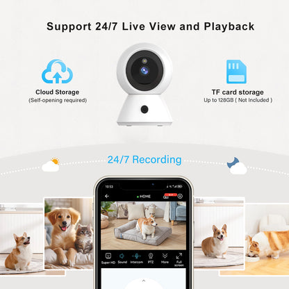 Using the smart camera as a pet monitor to watch dogs remotely with 24/7 live view and playback features on a smartphone.