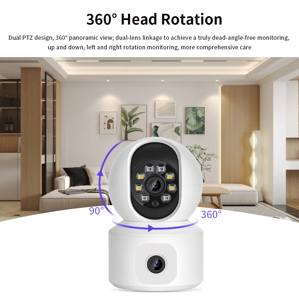 Indoor smart camera showing 360-degree horizontal and 90-degree vertical rotation for complete room coverage without dead zones.