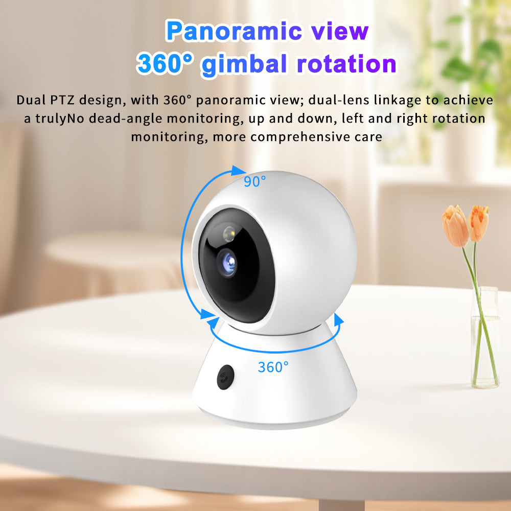 Demonstration of the camera's 360-degree horizontal rotation and 90-degree vertical tilt for full room coverage without blind spots.