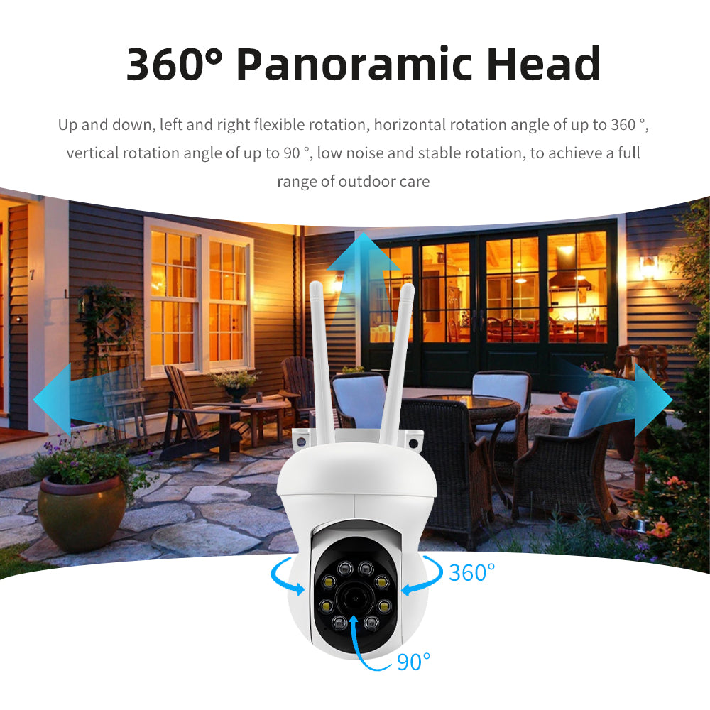 360-degree panoramic outdoor camera with 90-degree vertical tilt for full property coverage.