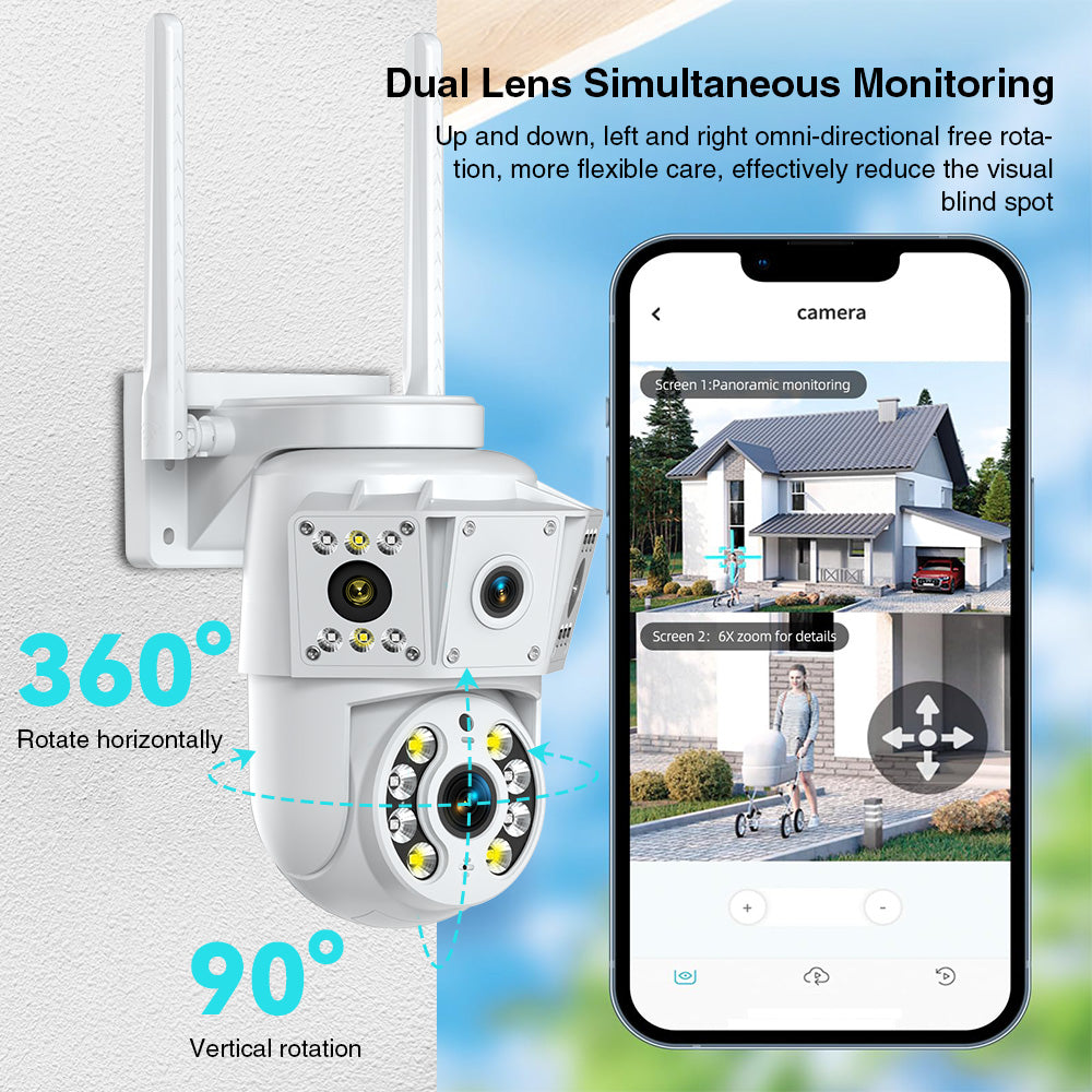 Diagram showing 360-degree horizontal and 90-degree vertical rotation of security camera.