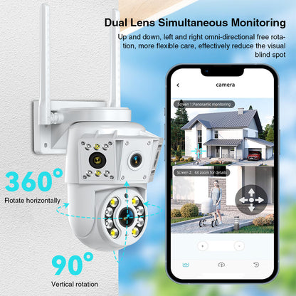 Diagram showing 360-degree horizontal and 90-degree vertical rotation of security camera.