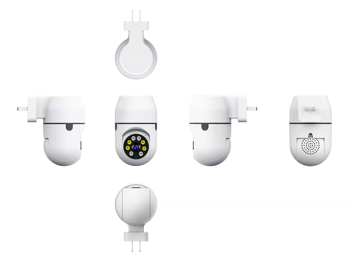 Multi-angle product views showing the sleek white design of the plug-in indoor security camera.
