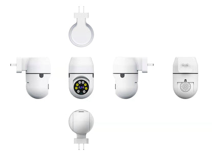 Multi-angle product views showing the sleek white design of the plug-in indoor security camera.