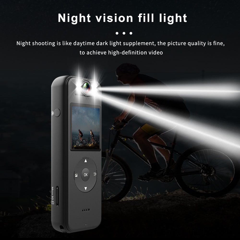 Night vision body camera with dual LED fill lights providing high-definition video recording for night cycling and low-light law enforcement tasks.