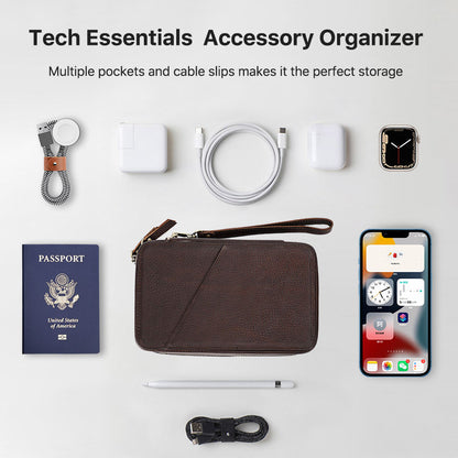 Compact leather cable organizer arranged with everyday travel essentials
