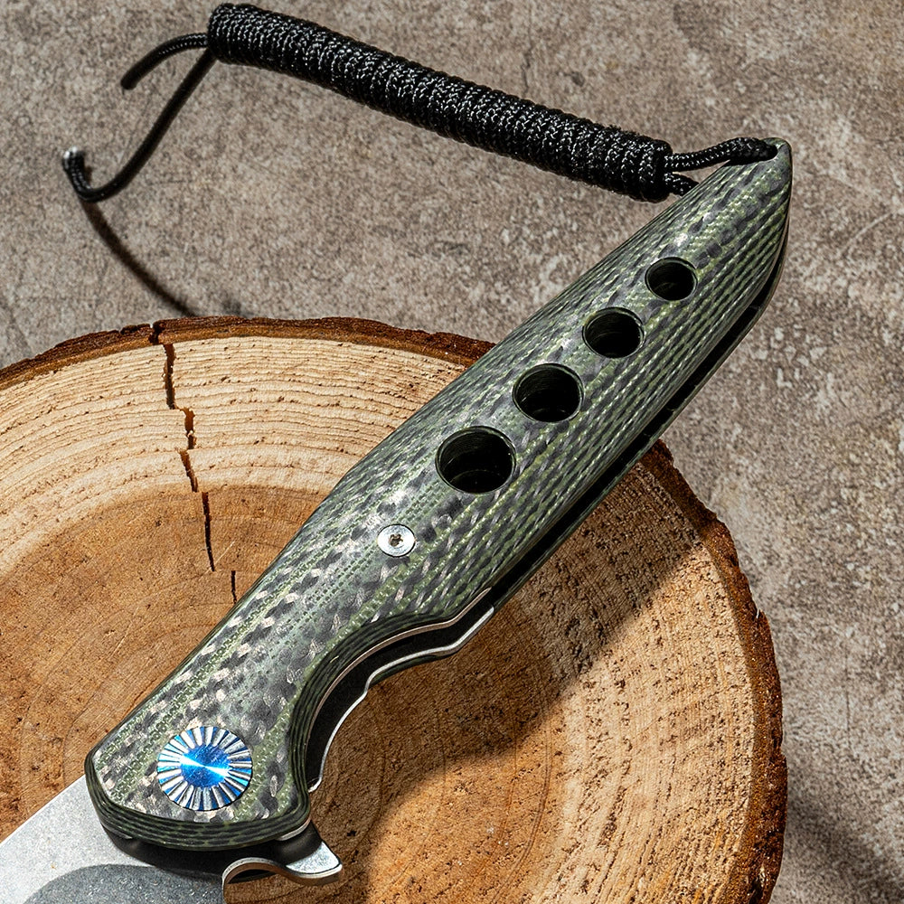 Green Pattern Damascus VG10 Folding Knife detail view