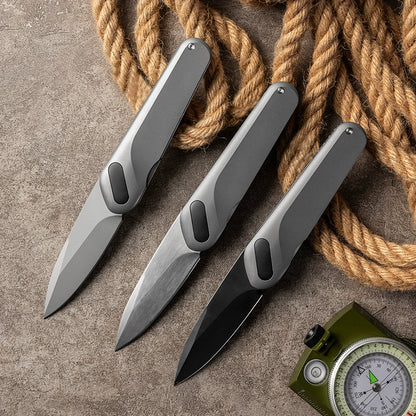 VG10 titanium-alloy folding knife shown with three blade finishes