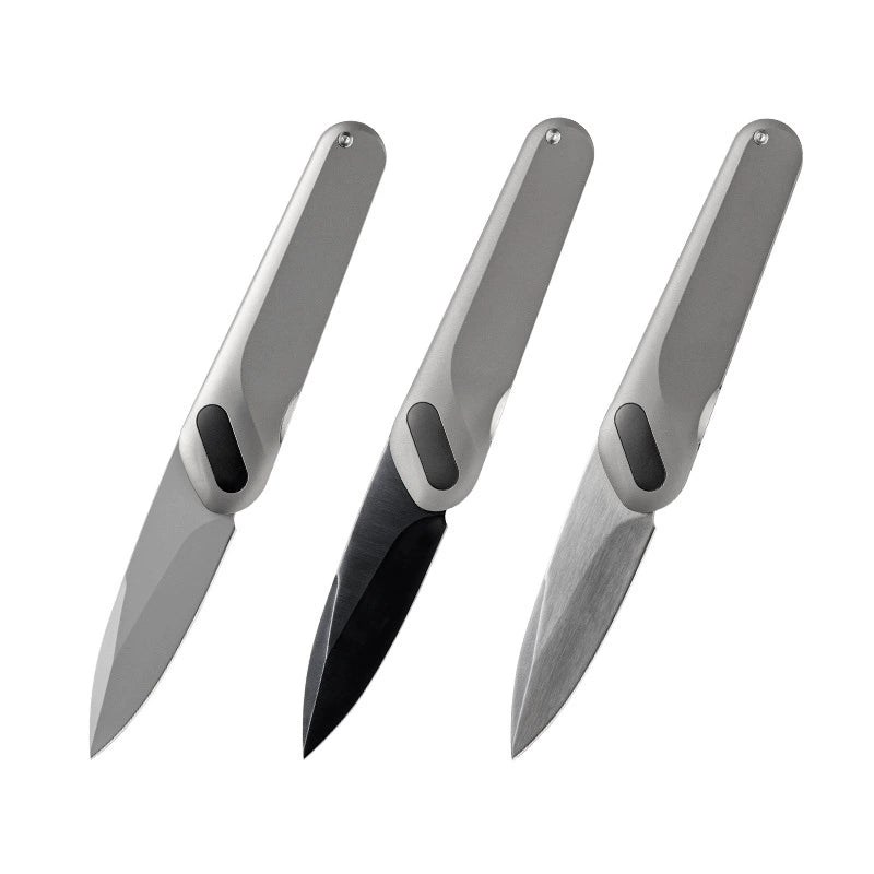 Three VG10 titanium-alloy folding knives in a clean product view