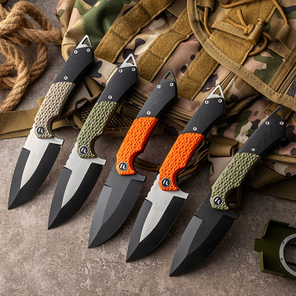 Orange-handle VG10 Damascus outdoor knife side view