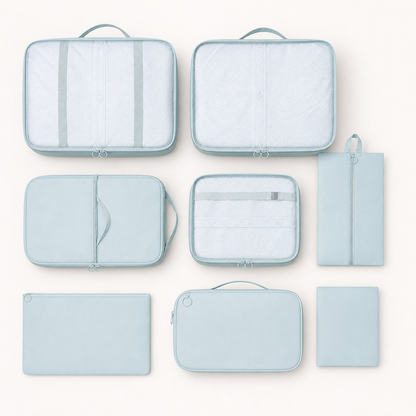 All eight light blue packing organizers shown together on a clean background
