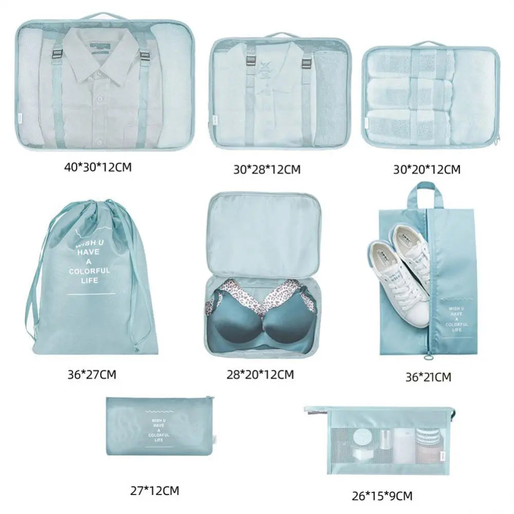 Eight light blue travel organizers with individual size measurements
